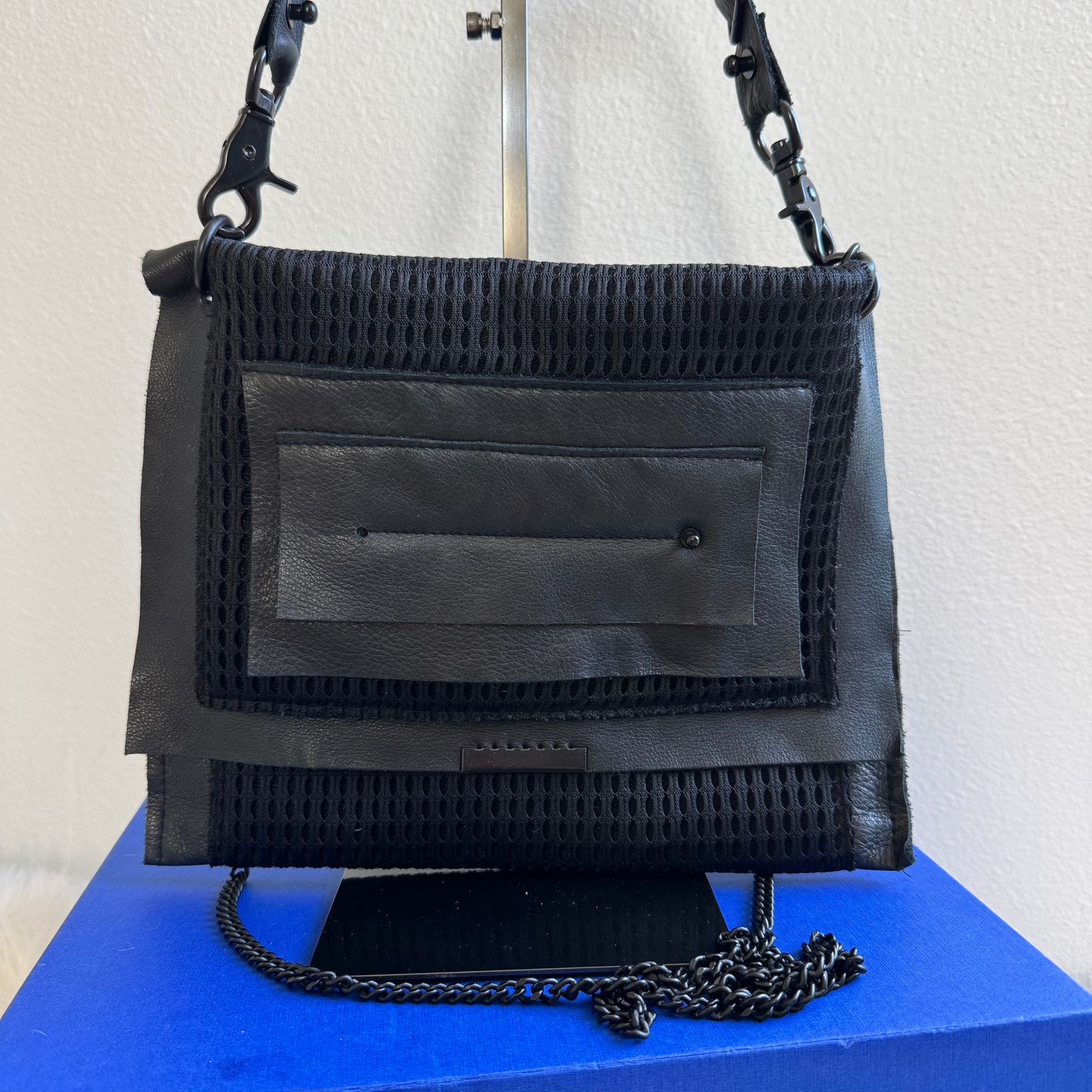 David Galan Convertible Black Leather Crossbody Braided Chain Shoulder Bag Purse